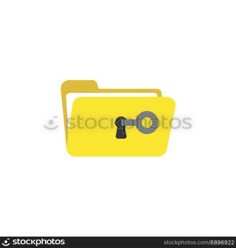 Flat design style vector illustration concept of grey key unlock or open yellow folder symbol icon keyhole on white background.