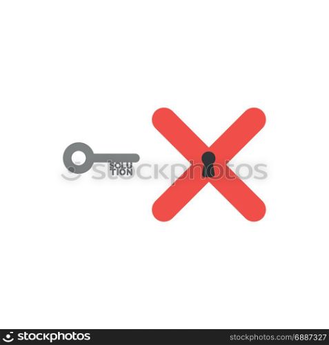 Flat design style vector illustration concept of grey key with solution text and red x mark with black keyhole symbol icon on white background.