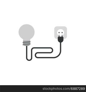 Flat design style vector illustration concept of grey light bulb with black wire electrical plug and outlet on white background.