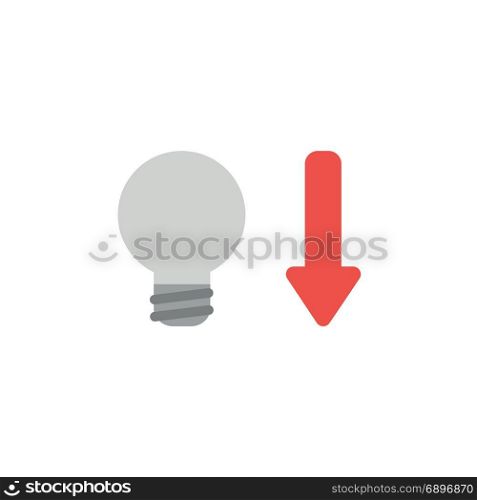 Flat design style vector illustration concept of grey light bulb with red arrow symbol icon pointing down on white background.