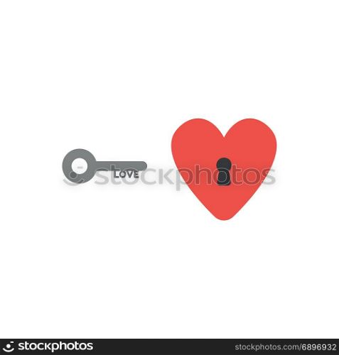 Flat design style vector illustration concept of grey love key and red heart symbol icon with black keyhole on white background.