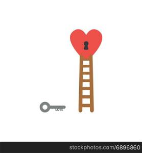 Flat design style vector illustration concept of grey love key reach to black keyhole in red heart symbol icon with brown wooden ladder on white background.