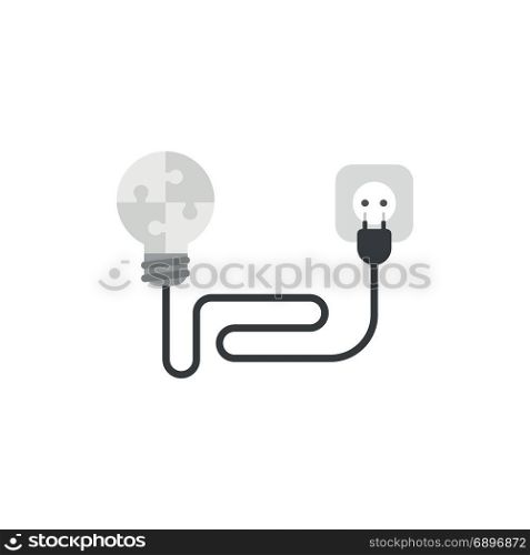 Flat design style vector illustration concept of grey puzzle light bulb symbol icon with black wire or cable, electrical plug and outlet on white background.