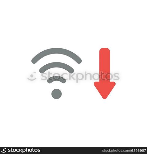 Flat design style vector illustration concept of grey wifi wireless symbol icon with red arrow moving or pointing down symbolizing bad, slow internet connection on white background.