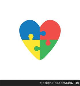 Flat design style vector illustration concept of heart-shaped blue, red, yellow and green jigsaw puzzle pieces symbol icons connected on white background.