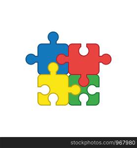 Flat design style vector illustration concept of jigsaw puzzle pieces symbol icons connected on white background. Colored outlines.