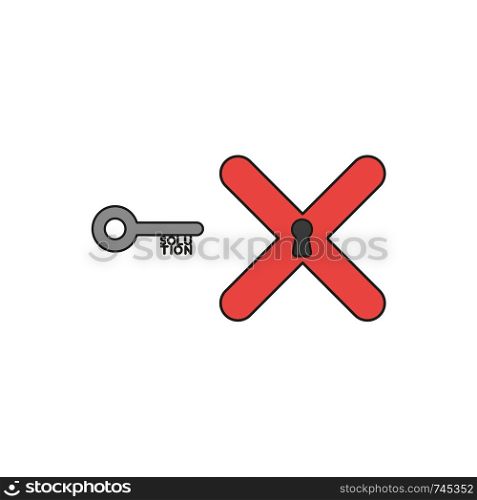 Flat design style vector illustration concept of key with solution text and x mark with keyhole symbol icon on white background. Colored, black outlines.