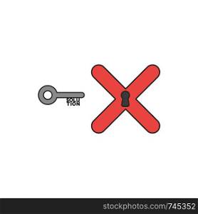 Flat design style vector illustration concept of key with solution text and x mark with keyhole symbol icon on white background. Colored, black outlines.