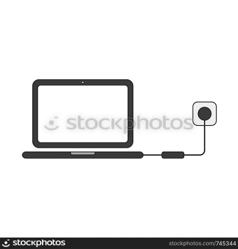Flat design style vector illustration concept of laptop computer symbol icon charging with charger, pulg and outlet on white background. Colored, black outlines.