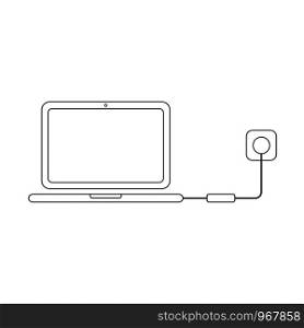 Flat design style vector illustration concept of laptop computer symbol icon charging with charger, pulg and outlet on white background. Black outlines.