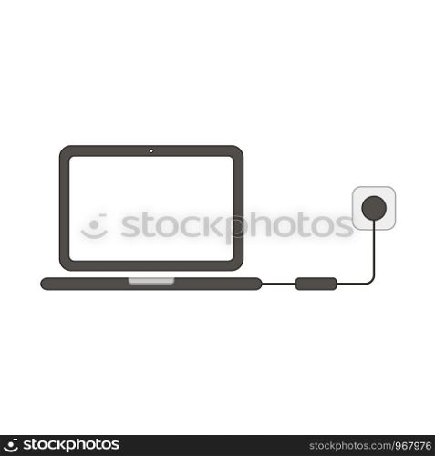 Flat design style vector illustration concept of laptop computer symbol icon charging with charger, pulg and outlet on white background. Colored outlines.