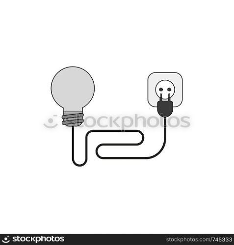 Flat design style vector illustration concept of light bulb with wire electrical plug and outlet on white background. Colored, black outlines.