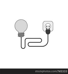 Flat design style vector illustration concept of light bulb with wire electrical plug and outlet on white background. Colored, black outlines.