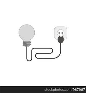 Flat design style vector illustration concept of light bulb with wire electrical plug and outlet on white background. Colored outlines.