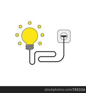 Flat design style vector illustration concept of light bulb with wire plugged into outlet on white background. Colored, black outlines.