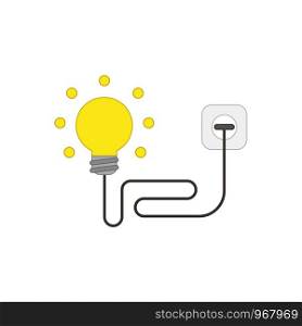 Flat design style vector illustration concept of light bulb with wire plugged into outlet on white background. Colored outlines.