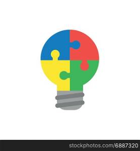 Flat design style vector illustration concept of lightbulb-shaped blue, red, yellow and green jigsaw puzzle pieces symbol icons connected on white background.