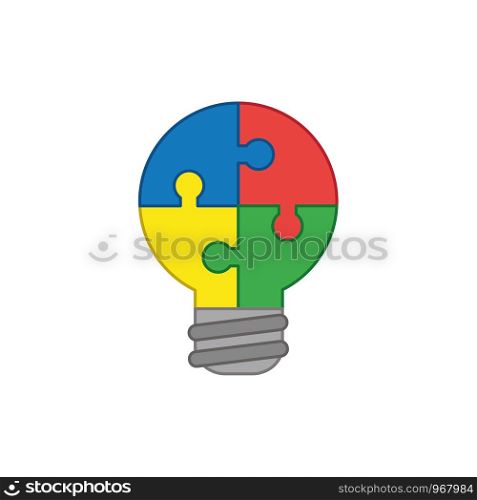 Flat design style vector illustration concept of lightbulb-shaped jigsaw puzzle pieces symbol icons connected on white background. Colored outlines.