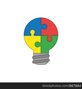 Flat design style vector illustration concept of lightbulb-shaped jigsaw puzzle pieces symbol icons connected on white background. Colored outlines.