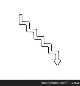 Flat design style vector illustration concept of line stairs symbol icon with arrow pointing down on white background. Black outlines.