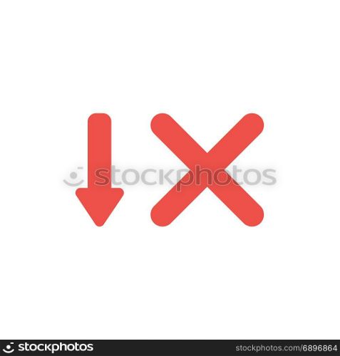 Flat design style vector illustration concept of red arrow pointing down and red x mark symbol icon on white background.