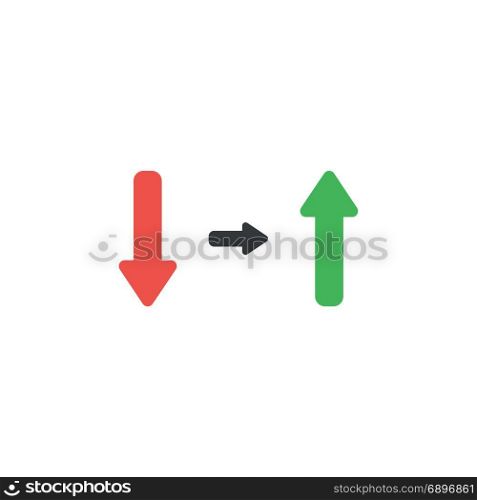 Flat design style vector illustration concept of red arrow symbol icon pointing down and green arrow pointing up on white background.