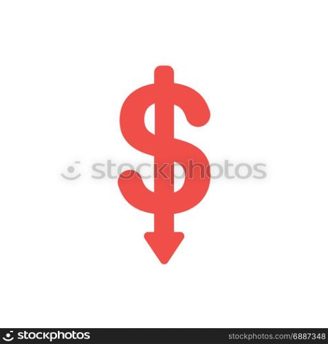 Flat design style vector illustration concept of red dollar symbol icon with arrow pointing down on white background.