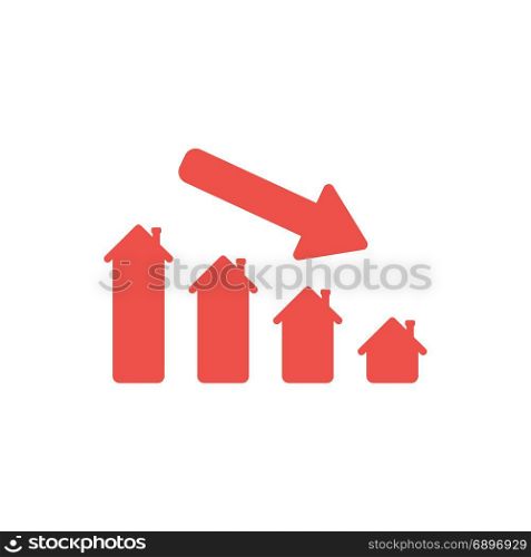 Flat design style vector illustration concept of red house sales or value bar chart symbol icon with arrow moving down on white background.