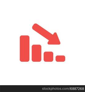 Flat design style vector illustration concept of red sales bar chart icon with an arrow pointing down on white background.