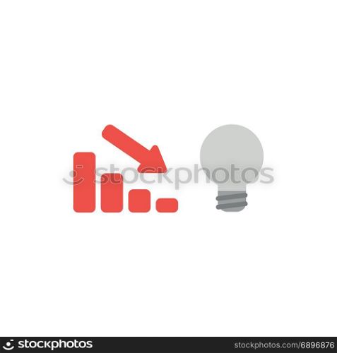 Flat design style vector illustration concept of red sales bar chart symbol icon with arrow pointing down and grey light bulb symbolizes bad idea on white background.
