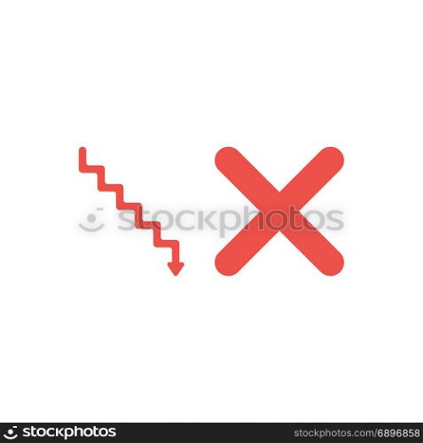 Flat design style vector illustration concept of red stairs with arrow pointing down and red x mark on white background.