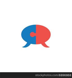 Flat design style vector illustration concept of two part blue and red puzzle pieces speech bubbles symbol icon connected on white background.