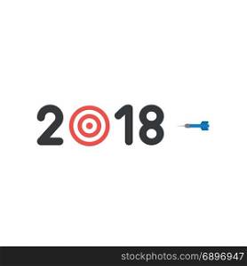Flat design style vector illustration concept of year of black 2018 word text with red and white bulls eye and blue dart symbol icon on white background.
