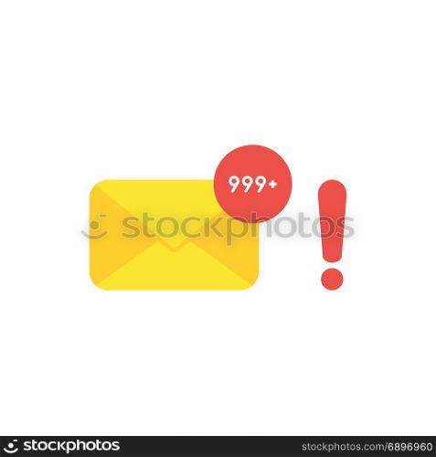 Flat design style vector illustration concept of yellow closed envelope email symbol icon and lot of junk spam emails with red exclamation mark on white background.