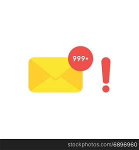 Flat design style vector illustration concept of yellow closed envelope email symbol icon and lot of junk spam emails with red exclamation mark on white background.