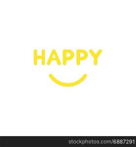 Flat design style vector illustration concept of yellow happy text with smiling mouth on white background.