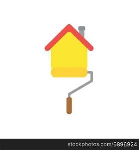 Flat design style vector illustration concept of yellow roller paint brush painting house symbol icon on white background.