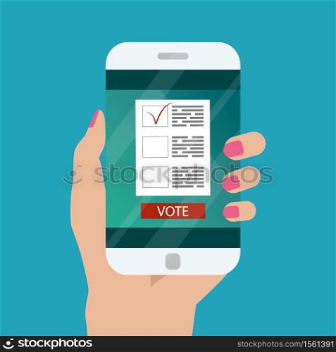 Flat design style. Vector illustration. Hand holding smartphone with voting app on the screen. Concept of election.. Hand holding smartphone with voting app on the screen. Concept of election. Flat design style. Vector illustration