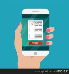 Flat design style. Vector illustration. Hand holding smartphone with voting app on the screen. Concept of election.. Hand holding smartphone with voting app on the screen. Concept of election. Flat design style. Vector illustration