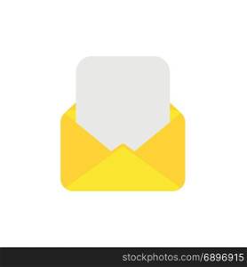 Flat design style vector illustration of yellow open envelope with blank paper symbol icon on white background.
