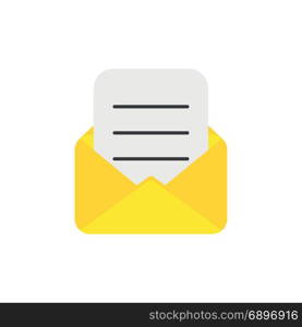 Flat design style vector illustration of yellow open envelope with written paper symbol icon on white background.
