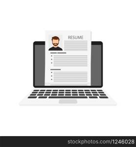 Flat design template with resume on laptop, vector illustration. Flat design template with resume on laptop, vector