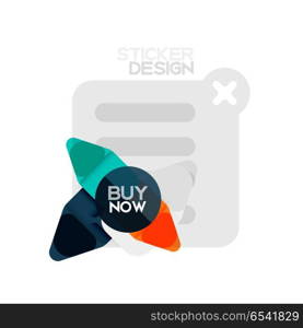 Flat design triangle arrow shape geometric sticker icon, paper style design with buy now sample text, for business or web presentation, app or interface buttons, internet website store banners. Flat design triangle arrow shape geometric sticker icon, paper style design with buy now sample text, for business or web presentation, app or interface buttons, internet website store banners and labels