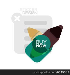 Flat design triangle arrow shape geometric sticker icon, paper style design with buy now sample text, for business or web presentation, app or interface buttons, internet website store banners. Flat design triangle arrow shape geometric sticker icon, paper style design with buy now sample text, for business or web presentation, app or interface buttons, internet website store banners and labels