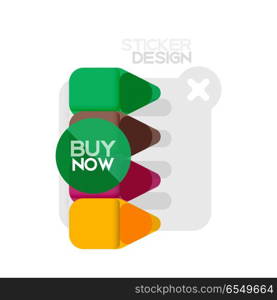 Flat design triangle arrow shape geometric sticker icon, paper style design with buy now sample text, for business or web presentation, app or interface buttons, internet website store banners. Flat design triangle arrow shape geometric sticker icon, paper style design with buy now sample text, for business or web presentation, app or interface buttons, internet website store banners and labels