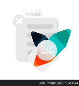 Flat design triangle arrow shape geometric sticker icon, paper style design with buy now sample text, for business or web presentation, app or interface buttons, internet website store banners. Flat design triangle arrow shape geometric sticker icon, paper style design with buy now sample text, for business or web presentation, app or interface buttons, internet website store banners and labels