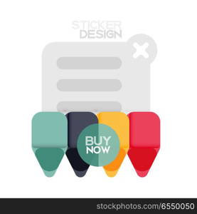 Flat design triangle arrow shape geometric sticker icon, paper style design with buy now sample text, for business or web presentation, app or interface buttons, internet website store banners. Flat design triangle arrow shape geometric sticker icon, paper style design with buy now sample text, for business or web presentation, app or interface buttons, internet website store banners and labels