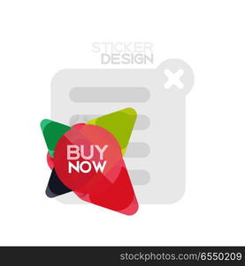 Flat design triangle arrow shape geometric sticker icon, paper style design with buy now sample text, for business or web presentation, app or interface buttons, internet website store banners. Flat design triangle arrow shape geometric sticker icon, paper style design with buy now sample text, for business or web presentation, app or interface buttons, internet website store banners and labels