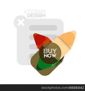 Flat design triangle arrow shape geometric sticker icon, paper style design with buy now sample text, for business or web presentation, app or interface buttons, internet website store banners. Flat design triangle arrow shape geometric sticker icon, paper style design with buy now sample text, for business or web presentation, app or interface buttons, internet website store banners and labels