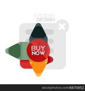 Flat design triangle arrow shape geometric sticker icon, paper style design with buy now sample text, for business or web presentation, app or interface buttons, internet website store banners. Flat design triangle arrow shape geometric sticker icon, paper style design with buy now sample text, for business or web presentation, app or interface buttons, internet website store banners and labels